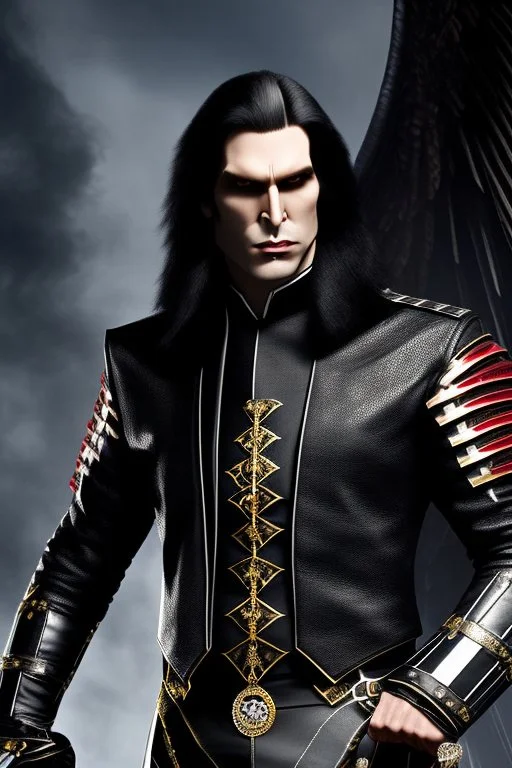 a tall, imposing Vampire, with broad shoulders and massive arms, Long, black hair, a nose that curves down like a vultures beak, a large, square chin with a large impression denting the center of it, extremely pale skin, dark, evil eyes, wearing a black leather jacket and pants with a black high collared leather cape, realistic lighting, Very accurate, full body portrait, eyes looking directly into the camera in dark dramatic lighting, realistic, photorealism, 4k, HD, Ultra-HD,