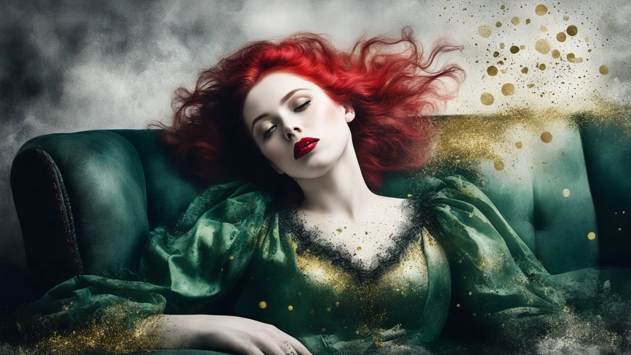 mixed media, multiple exposure, old worn torn plain canvas, grunge, layered, embossed, fine art luminous soft watercolor, glitter, mid-ground, luminosity, highlights, gold fragments, light effects, dark grey-green fragments, dot technique, portrait of Victorian Gothic woman on SOFA, Red hair, light Red lips, fluffiness, wind, airy dark GREEN flowing dress, Fur, swirls, layered, blending, textured, 3D, 8K, best quality, fine rendering, high detail, hyperrealism, high resolution, high definition,