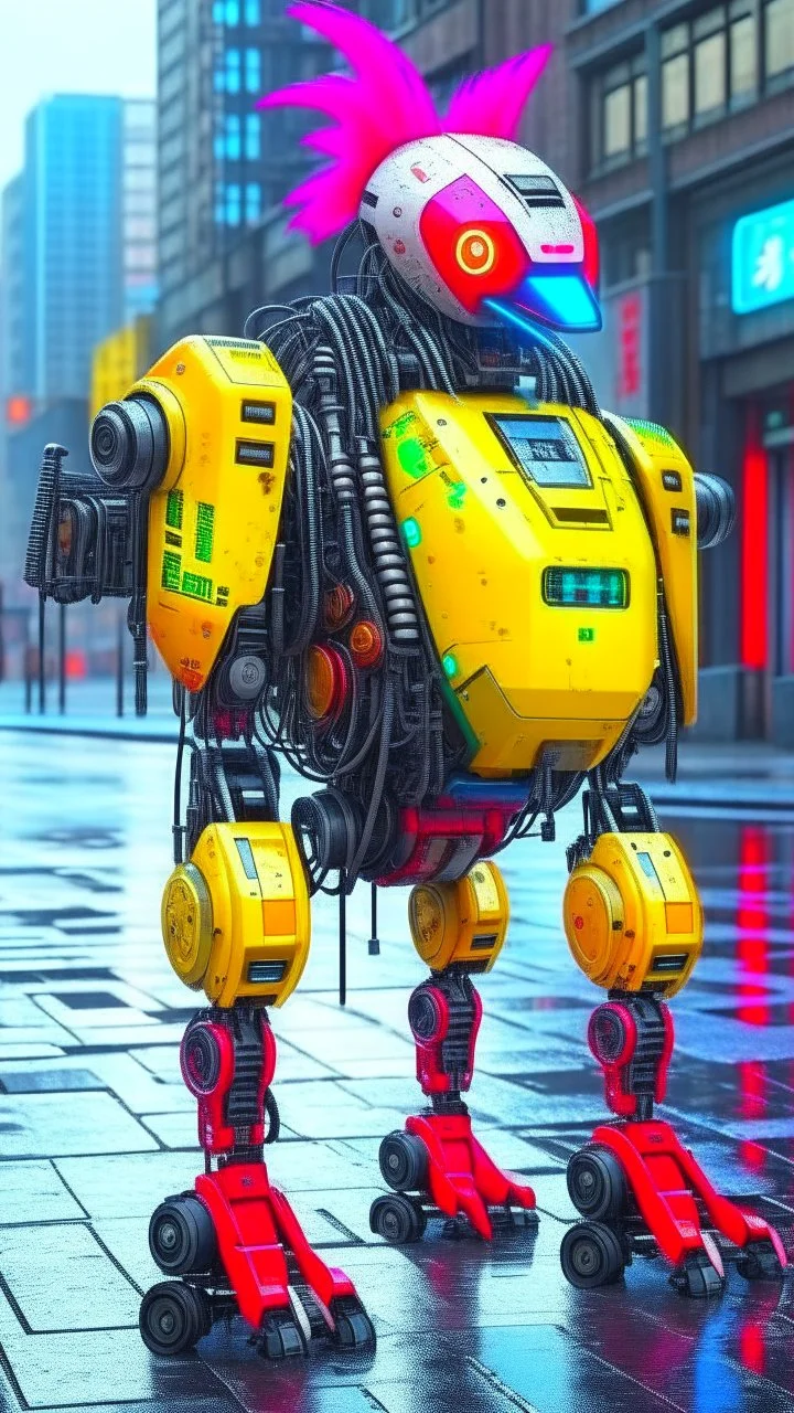 CHICKEN robot, sci-fi, cyberpunk, full body, ultra realistic, virtual reality, cyberpunk city and colors