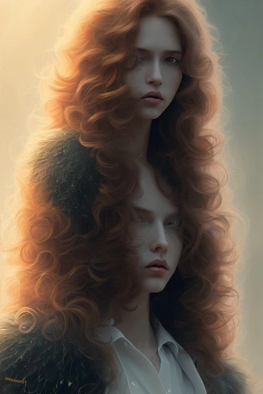 1970's porno model , cute, big droopy eyes, angelic face with minor blemishes, beautiful, long orange flowing hair, wavy hair, curly hair، black eyes, head and shoulders portrait, cinematic, misty atmosphere, 8k, resolution concept art portrait by Greg Rutkowski, Artgerm, WLOP, Alphonse Mucha dynamic lighting hyperdetailed intricately detailed, bokeh, Stunning 8k ektar film scan