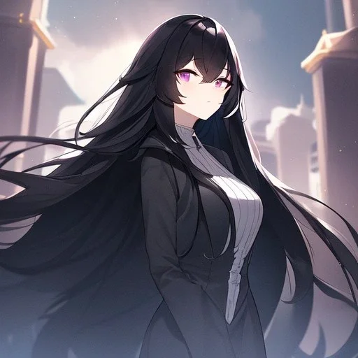 Clear focus,High resolution, Black long fluffy hair, long bangs, and purple eyes, Depressed girl