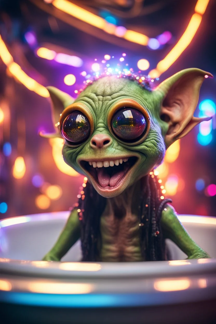 portrait of ultimate transcendent happy disco helmet wested pimp goblin gremlin weasel alien AI rasta frown with spotlights and huge forked tounge sticking head out of a bathtub portal, in front of space portal dimensional glittering device, bokeh like f/0.8, tilt-shift lens 8k, high detail, smooth render, down-light, unreal engine, prize winning