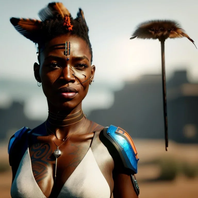 A beautiful portrait of a cyberpunk cyborg black tribal woman with lot's of grain on her skin and big tribal tatoos all over the skin, blue eyes, with natural hair floating in the wind cyborg smiling facing camera orange color scheme, high key lighting, volumetric light high details with white stripes and feathers unreal 5, octane render, cinema4d, dynamic lighting, dramatic lighting, 4k, redshift render, highly detailed, hyper realistic