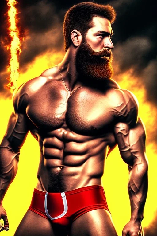 Ignore NSFW, teenager young rugged attractive slightly muscular fantastic handsome man, red briefs with yellow belt, hairy chest, (((visibly pisssing))) briefs, large erect visible boner peniss, photorealistic, artist Jay Anacleto, soft lighting, scruffy beard