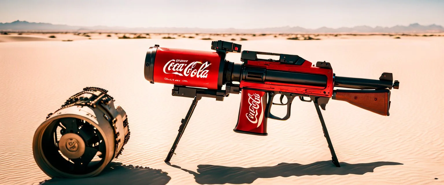 Coca-Cola Branded Military Suicide Gun Drone, Isreali Desert, cinematic, Fuji Film, Anamorphic lens, 2040s, deep depth of field, in a Cyber punk WW3 film