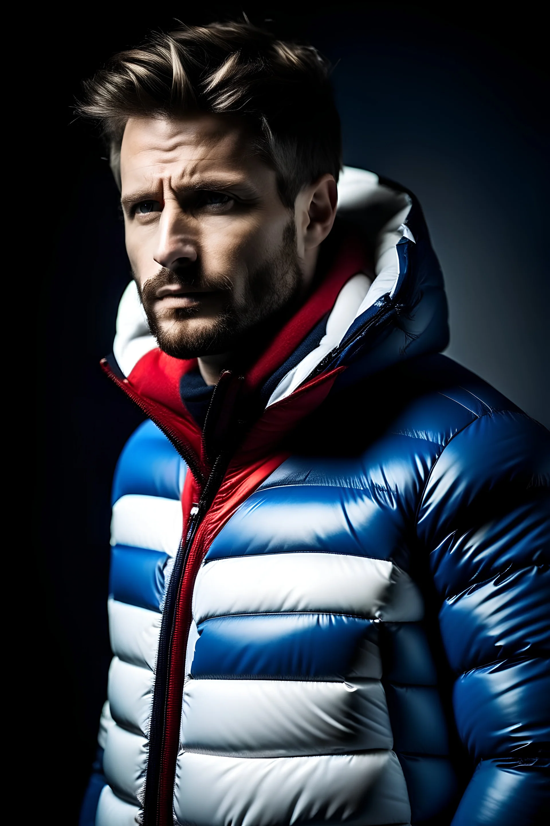 Man's blue white and red puffer coat