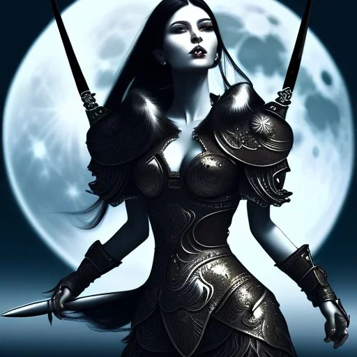 black hair lady warrior top with blade under the Moon