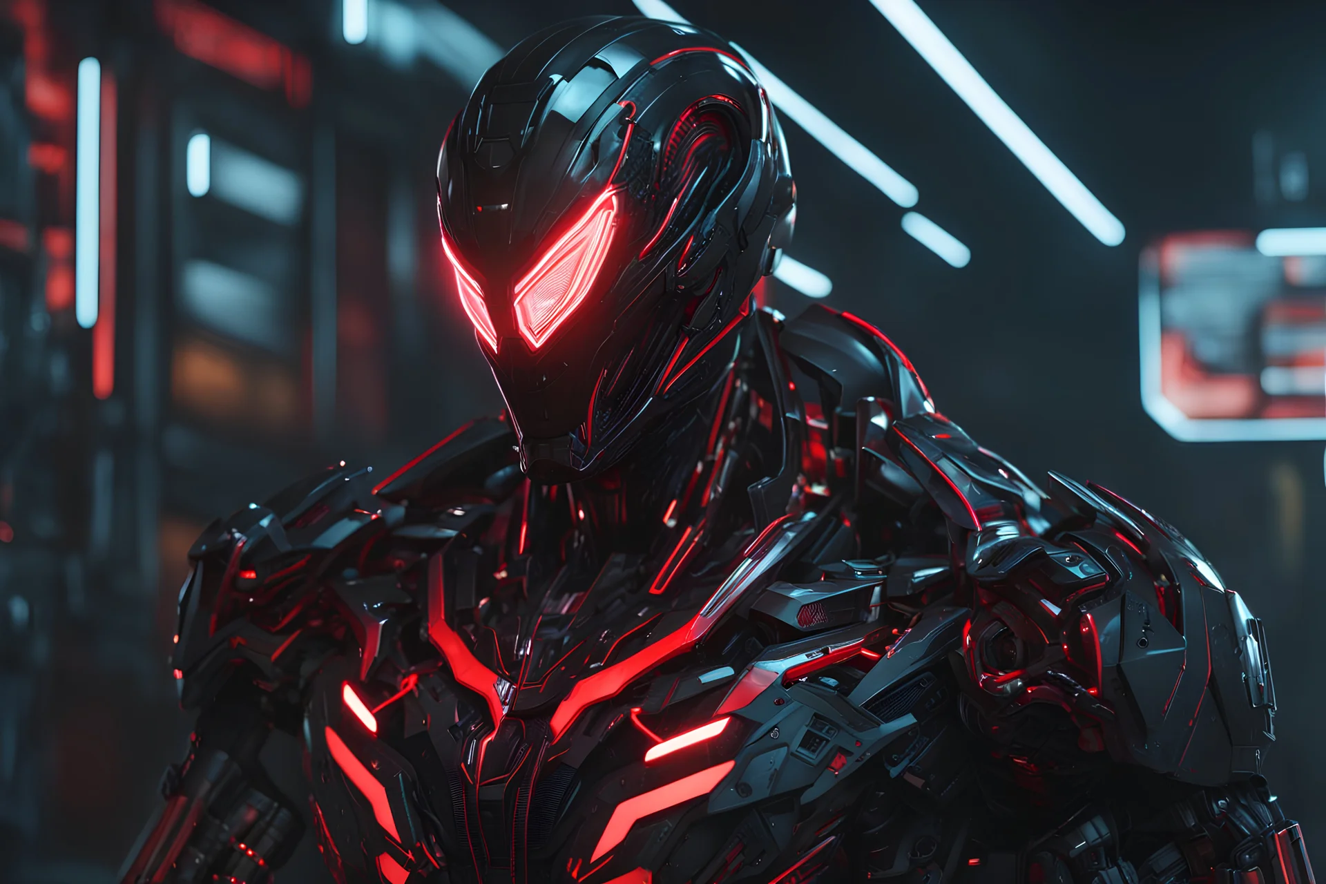 Cyber Machine in 4k realistic cg artstyle, venom them, neon red details, full body, apocalypse, intricate details, highly detailed, high details, detailed portrait, masterpiece,ultra detailed,best quality