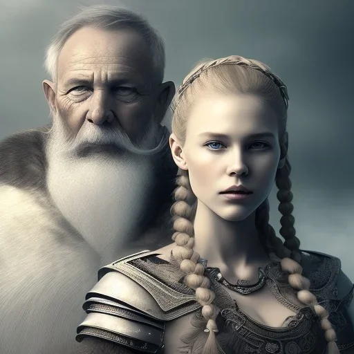 Viking theme, a younger woman sitting next to a 50-year-old man, portrait, 8K, close-up face, anatomically perfect face, Highly detailed stunning full frame portrait, misty and cloudy atmosphere