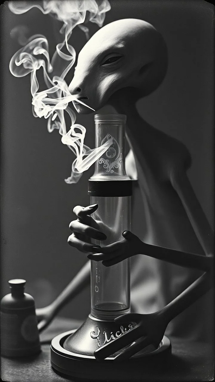 Get An old picture style of black and white mono very bad quality looks very old camera picture of an alien smoking weed from a bong , year 1900