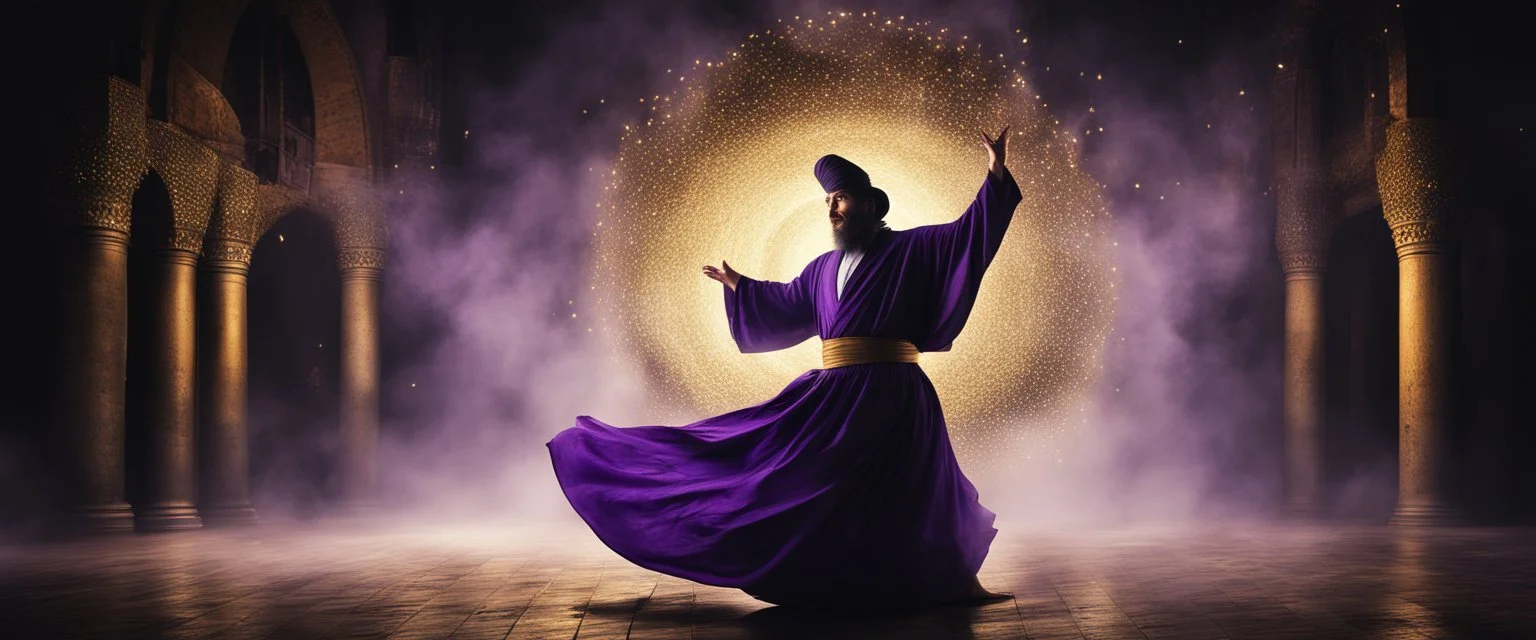 Hyper Realistic photographic-view of a Sufi Whirling with Golden & Purple Islamic Sufi Rustic Grungy-Black Background with thick-fog at dark-night outside an ancient Islamic architectural building with golden-sparkles-whirling showing dramatic & cinematic ambiance.