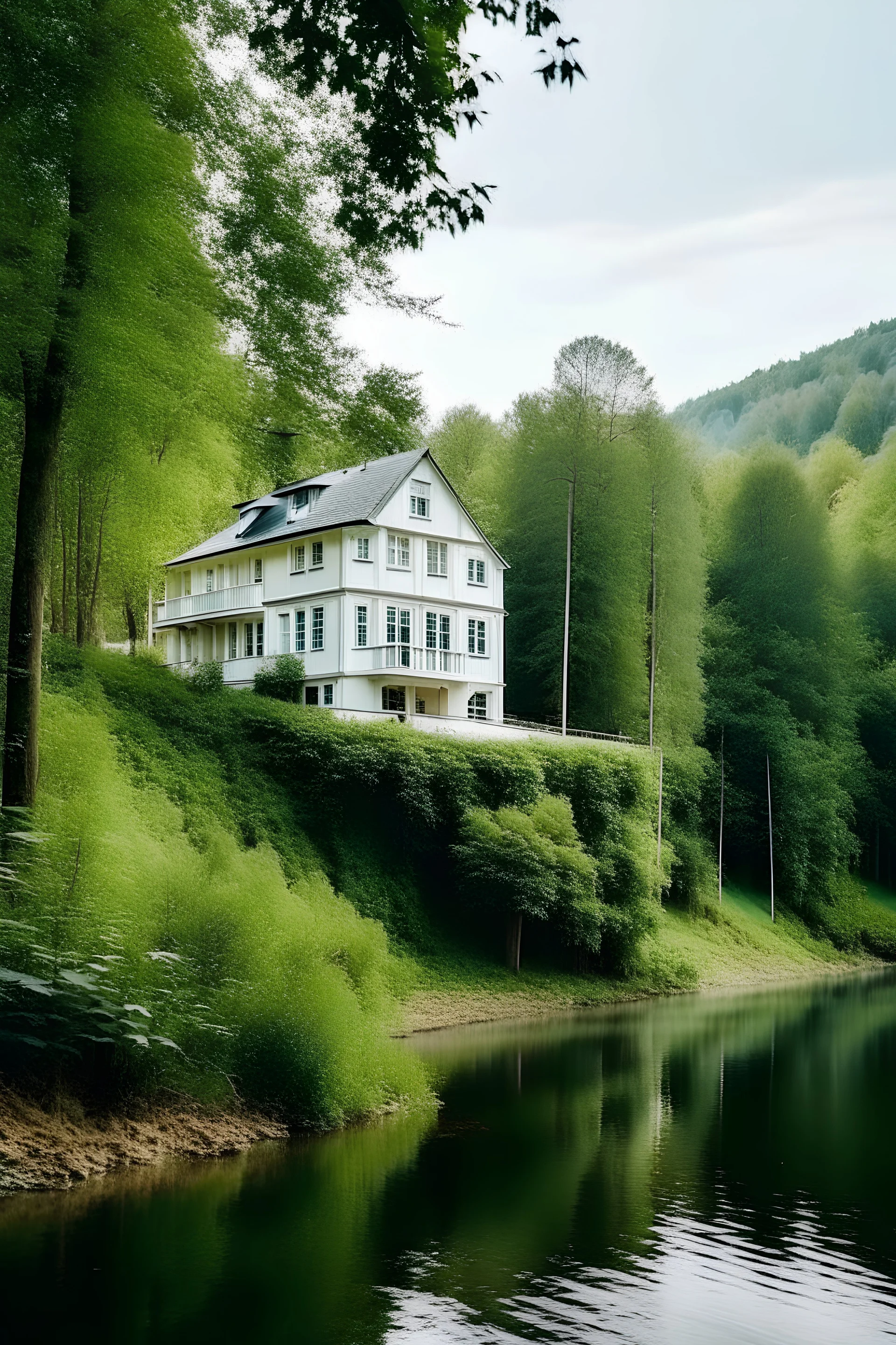 A White House in the forest beside the river
