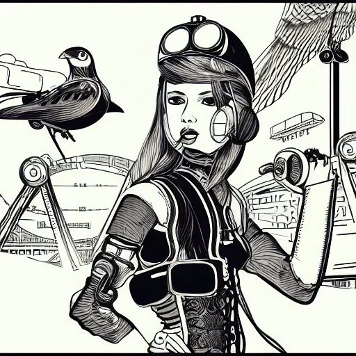 great illustrator, spanish, pencil sketch of a cute girl, beautiful, steampunk syle, black and white. Helmet with tubes. Sun glasses. Machinery in the background. robotic bird flying. High details.