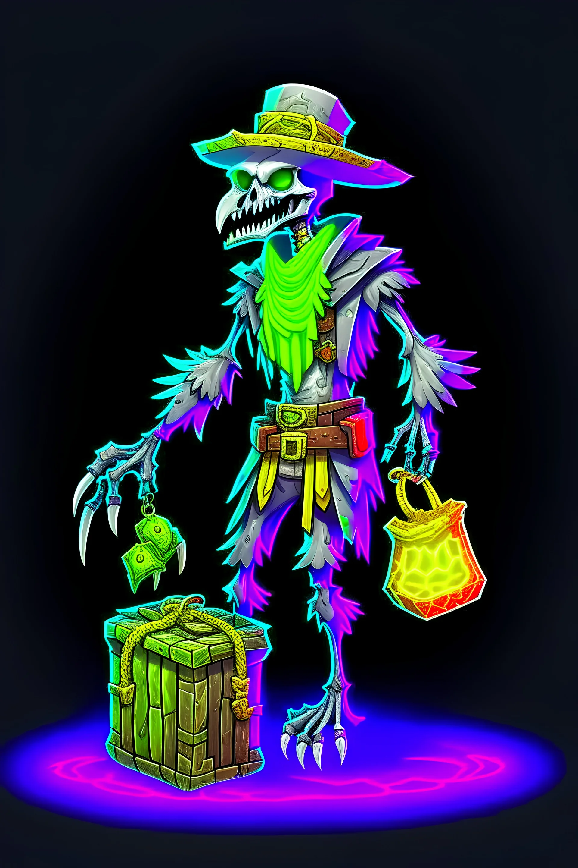 "PixelPirateWraith": Description: Ghostly pirate with pixelated peg leg, spectral parrot, and a treasure chest emitting a faint glow. Pose: Standing with a confident yet ghostly demeanor. Accessories: Peg leg, spectral parrot, treasure chest with faint glowing effect. Pixelated Texture: Visible in clothing, peg leg, parrot, and treasure chest.