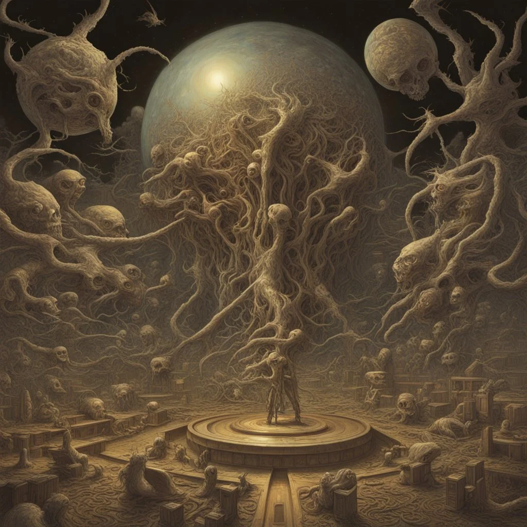 So the world is spinning faster Are you dizzy when you stall? Let the music be your master Will you heed the master's call? Oh, Satan, kinetic prog rock album Art, expansive nightmare-scape, by Aly Fell, by Keith Thompson, horror weird, volumetric lighting, surrealism.