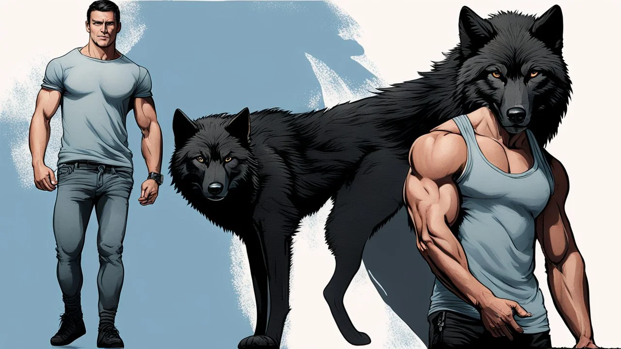 ultra realistic photograph of a muscular male with short dark hair and pale blue eyes wearing a tkg black teeshirt facing a large black wolf