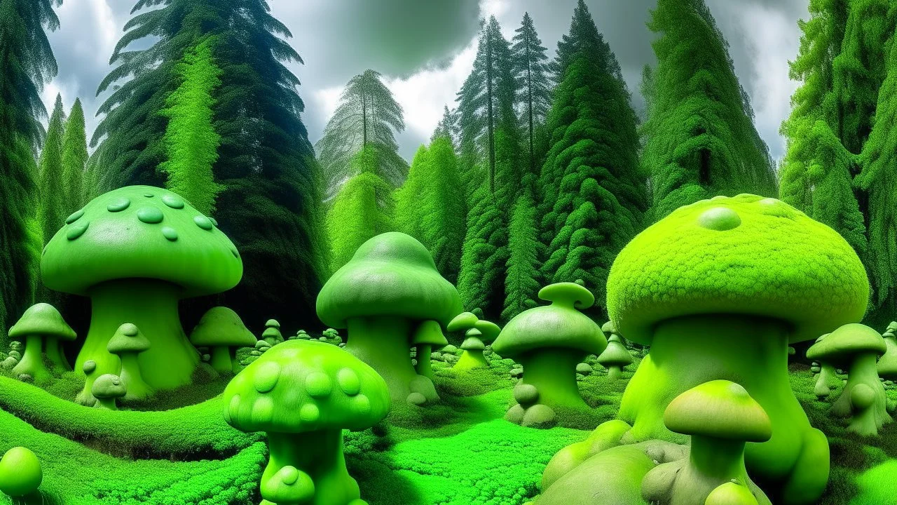 A lime green cloudy forest with puffy mushrooms designed in Moai statues painted by Michelangelo di Lodovico Buonarroti Simoni