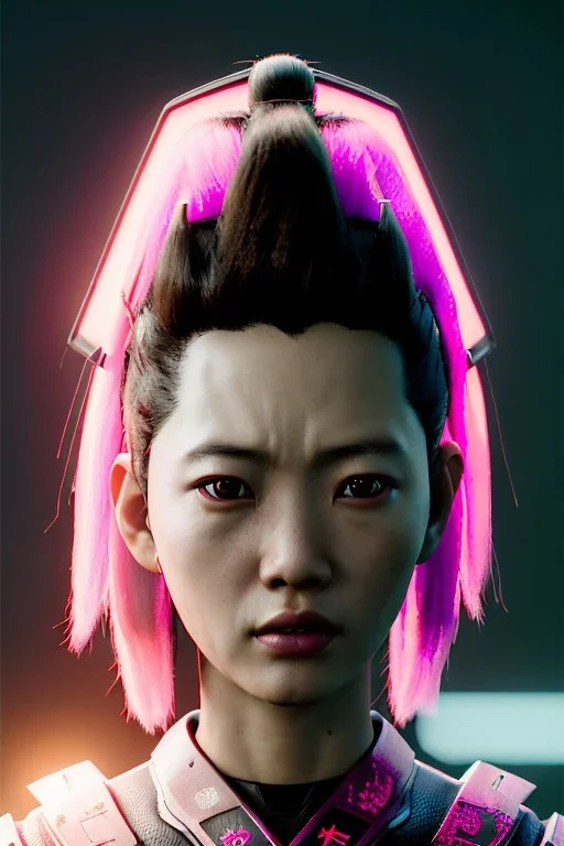 portrait, Asian cyborg woman, samurai warrior :: symmetry photography, cyberpunk style, pink hair, makeup, line eye :: black samurai army, katana, japanese traditional pattern, pink, white, black, light iris :: cinematic, Ultra realistic, dark scene, soft color, highly detailed, unreal engine 5, RTX, ultra detail, 3d, finely drawn, high definition.