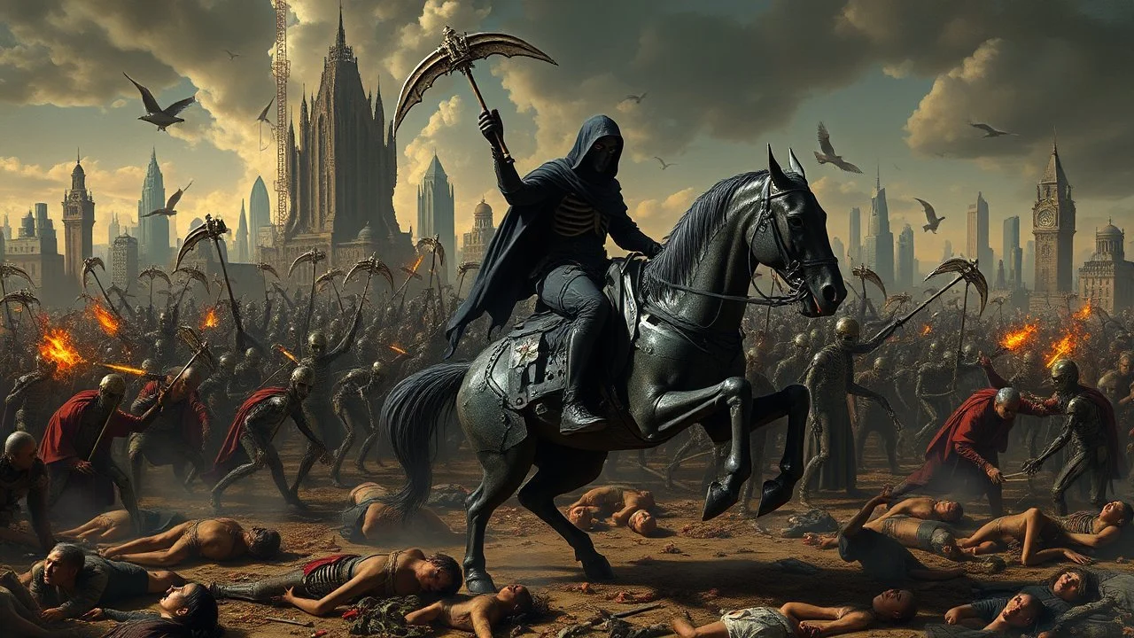 A chaotic cyberpunk interpretation of Bruegel's "The Triumph of Death", capturing the metaphorical harvest of humanity. A vast, dystopian metropolis under a toxic smog sky, where cybernetic grim reapers are executing a digital and physical harvest. Many of humans and transhuman citizens killed are overwhelmed by an army of cyber skeletal warrior androids, fight with humans, panicking people, bodies lying on the ground. In the foreground a cyber-death warrior in black hood on mecha-horse