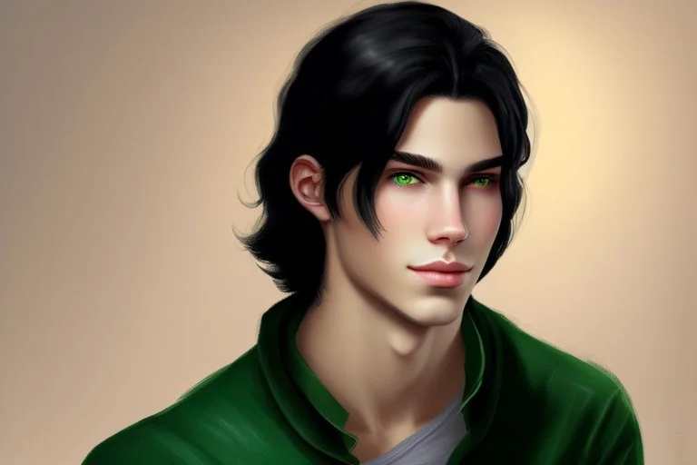 a young male with shoulder length black hair and green eyes, slight smile