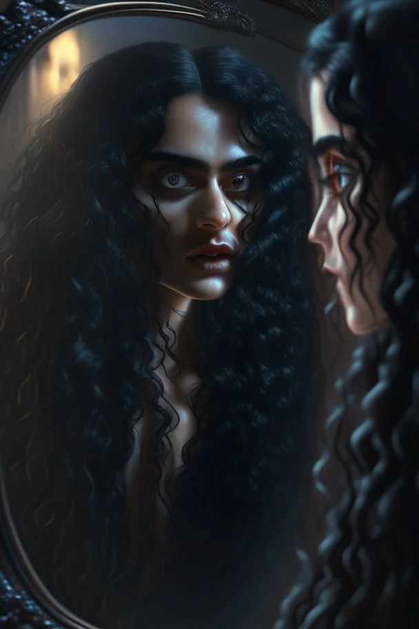 Close up of a beautiful woman with long curly black hair looking at a mirror but her reflection in the mirror is a dark demon with intense scary eyes. Super realistic, 8k high quality