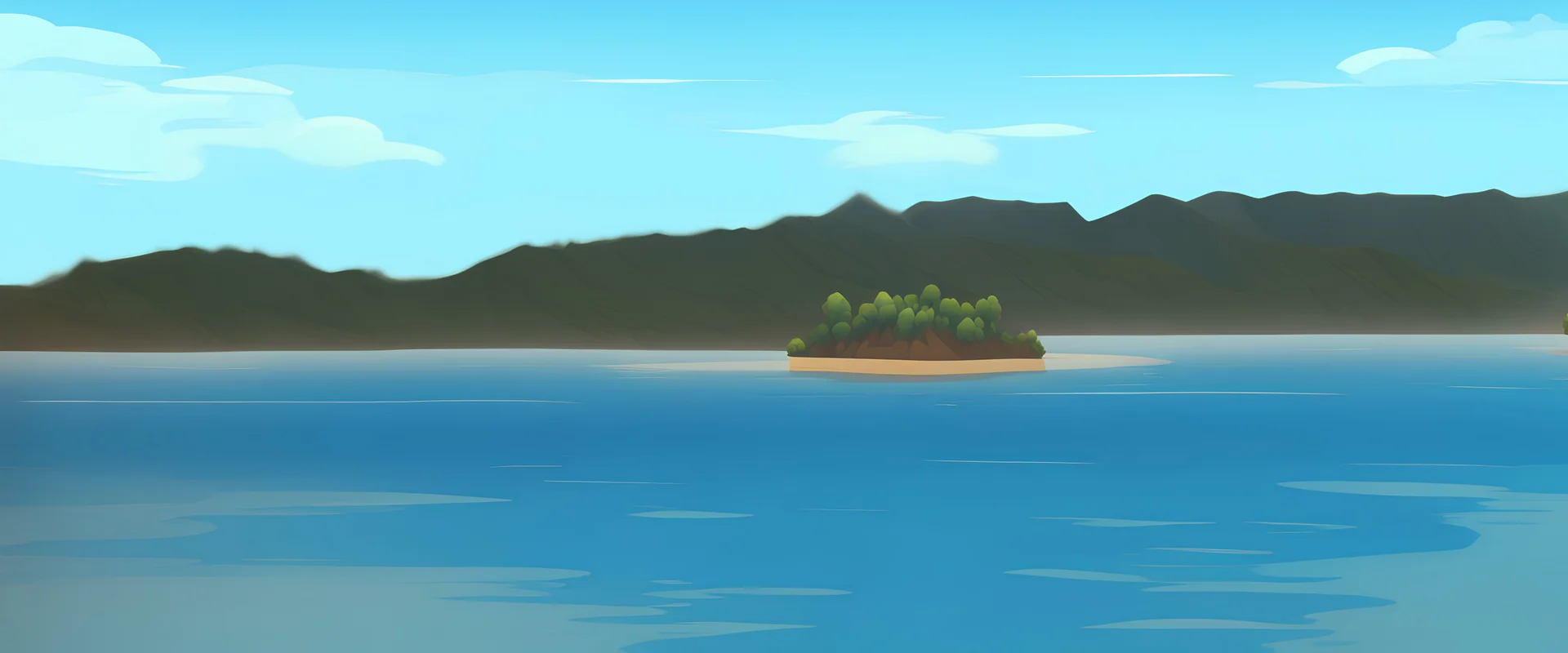 a long mountain forest islands, one in front and one behind, the one in front is an elongated island with a medium-sized island in front of it, generate horizontal view.