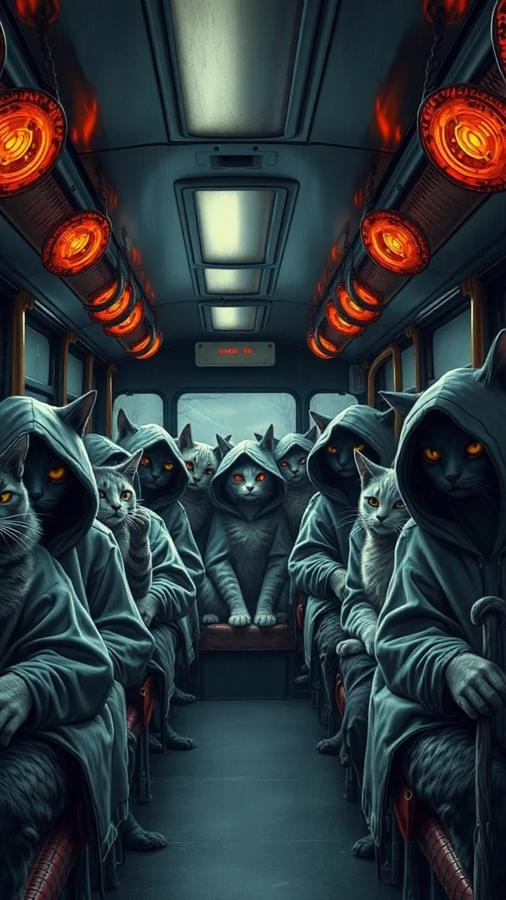A bus full of scary hooded cats sitting in the bus