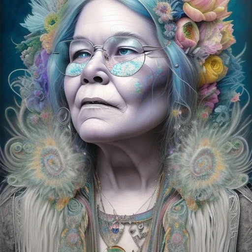 An old Hippie Janis Joplin in colorful clothes, flowers in her white hair. Face full of wrinkles, slight smiles, highly intricate, delicate detailed complex, vibrant colors by Laura Burch, Tom Bagshaw, water color by jean - baptiste monge, art by ivan gantschev and greg rutkowski. by sabbas apterus Nikon D850 trending on Artstation highly detailed digital painting ultra reallistic fantasy beautiful dynamic lighting hyperrealistic cinematic postprocessing concept art , beautiful eyes ,