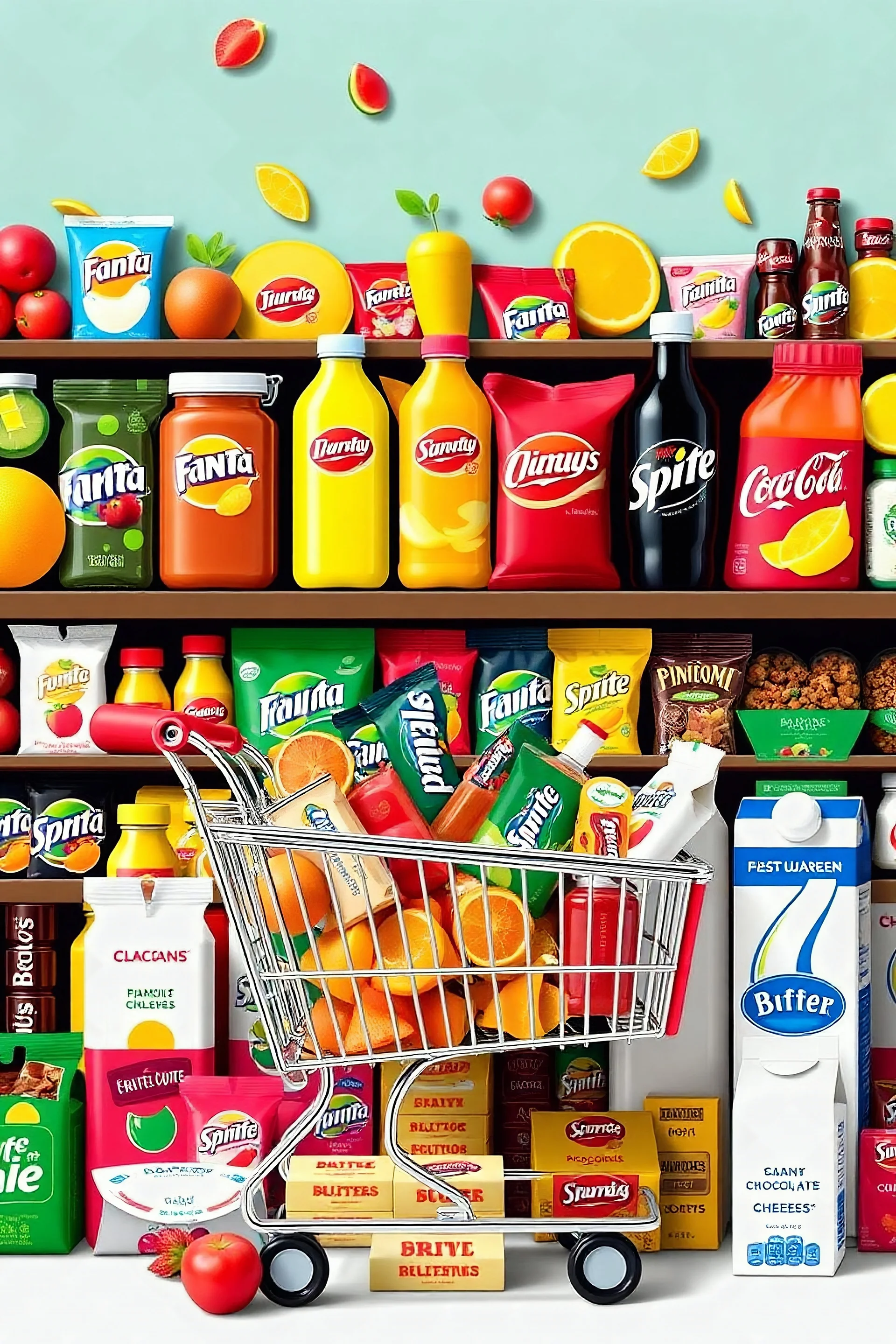 A design filled with various fruit juices, various chips, various types of Fanta, Coca-Cola, Sprite, various famous chocolates, a full shopping cart, packaged cheeses, butter, and pasteurized milk, in cheerful, vibrant, and eye-catching colors.