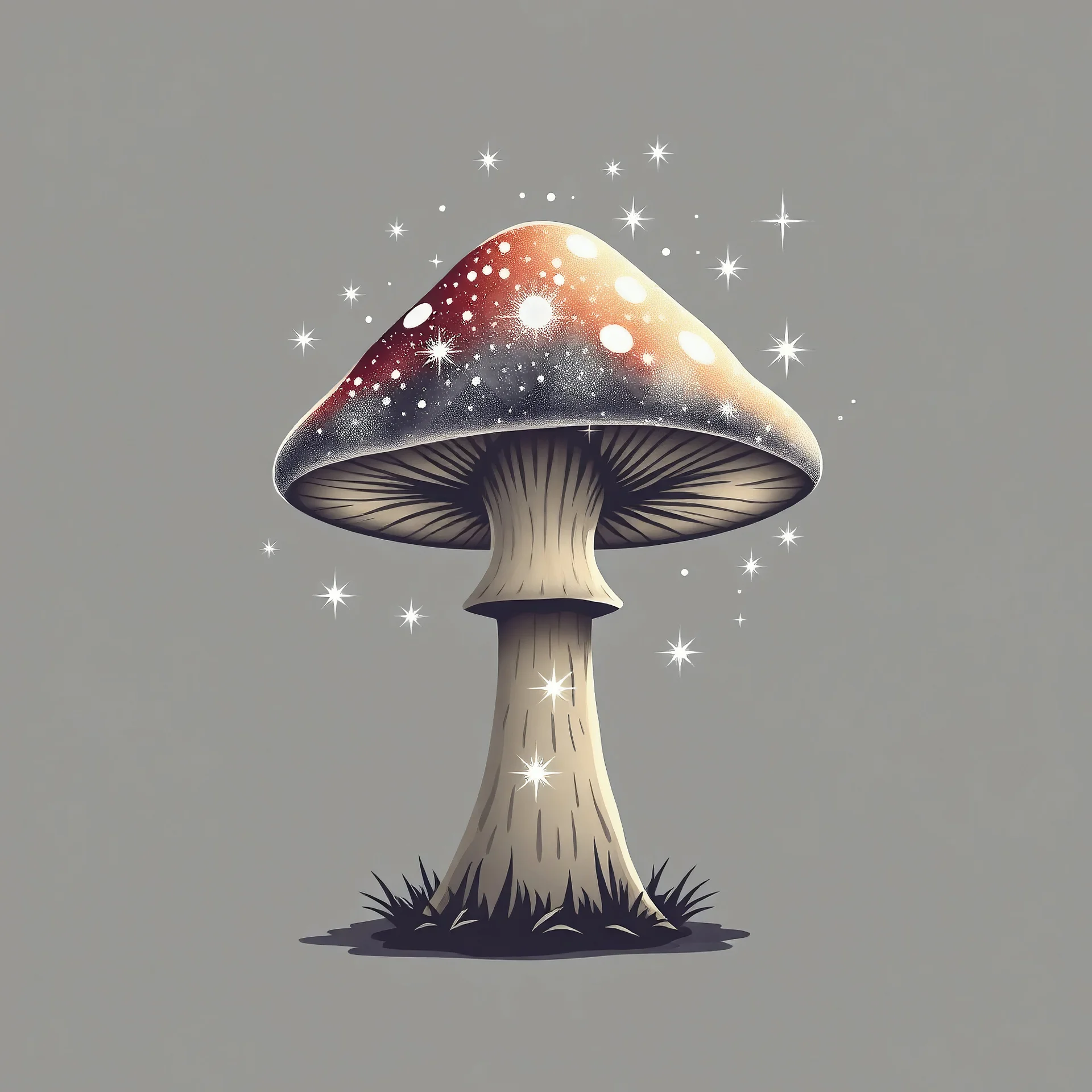 Design a vector illustration of a sparkling mushroom on a solid gray background, emphasizing a magical and whimsical atmosphere.