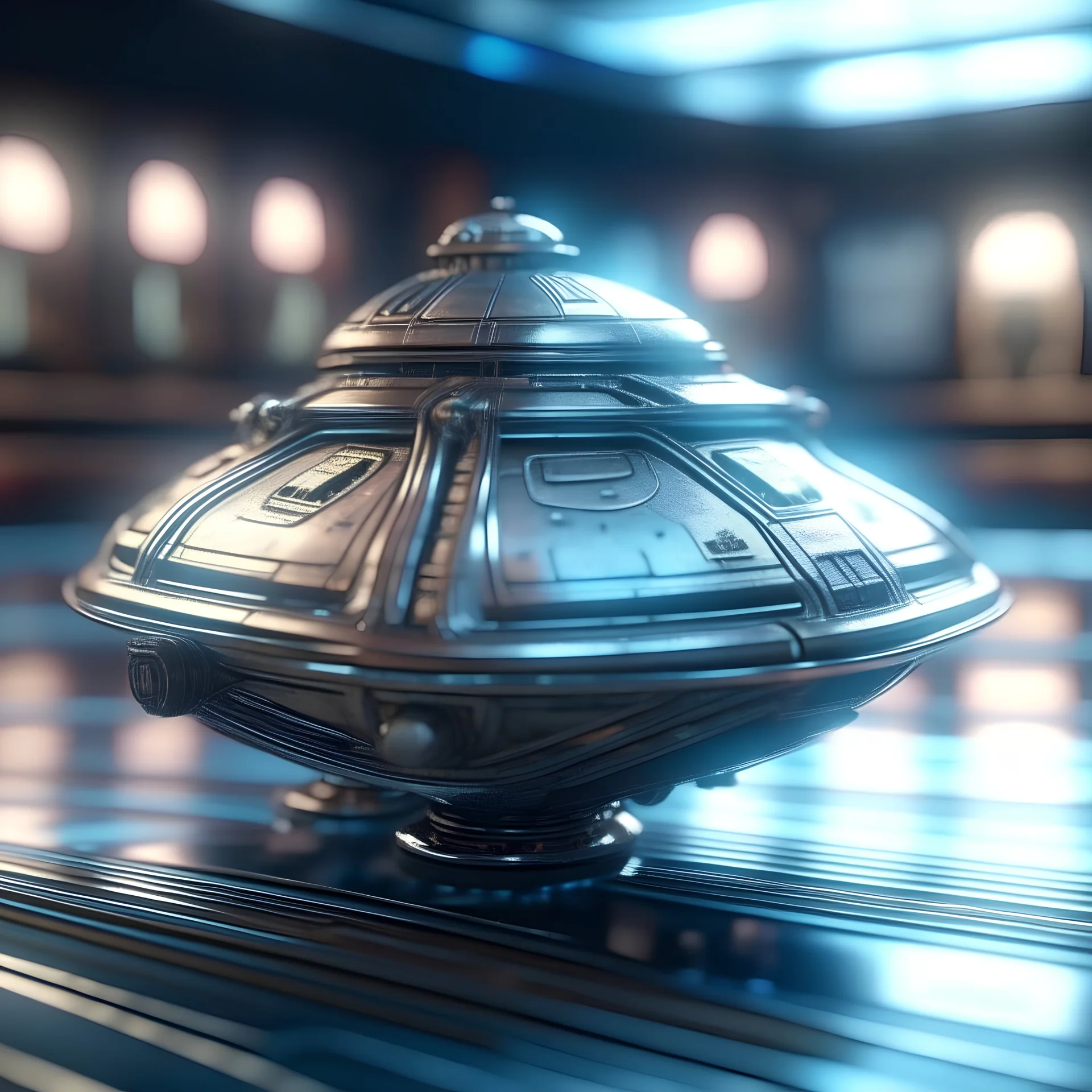 steamy shiny metallic spaceship warped vacuum cleaner with crew bokeh like f/0.8, tilt-shift lens 8k, high detail, smooth render, down-light, unreal engine, prize winning