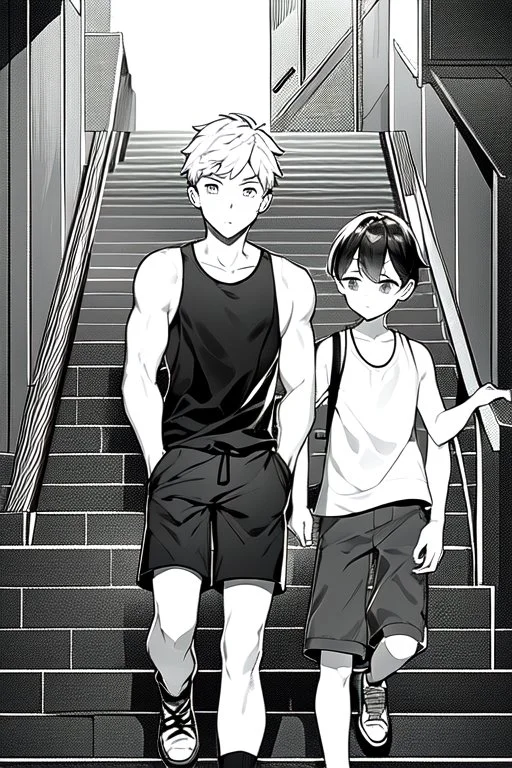 a boy in shorts sleeveless shirt climbs the stairs, greyscale