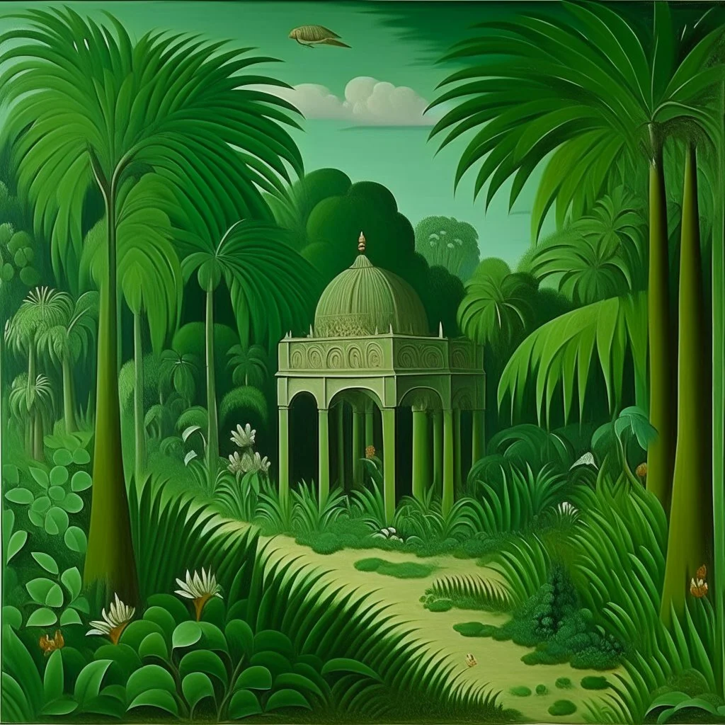 A green ruins in a jungle with jade crystals painted by Henri Rousseau