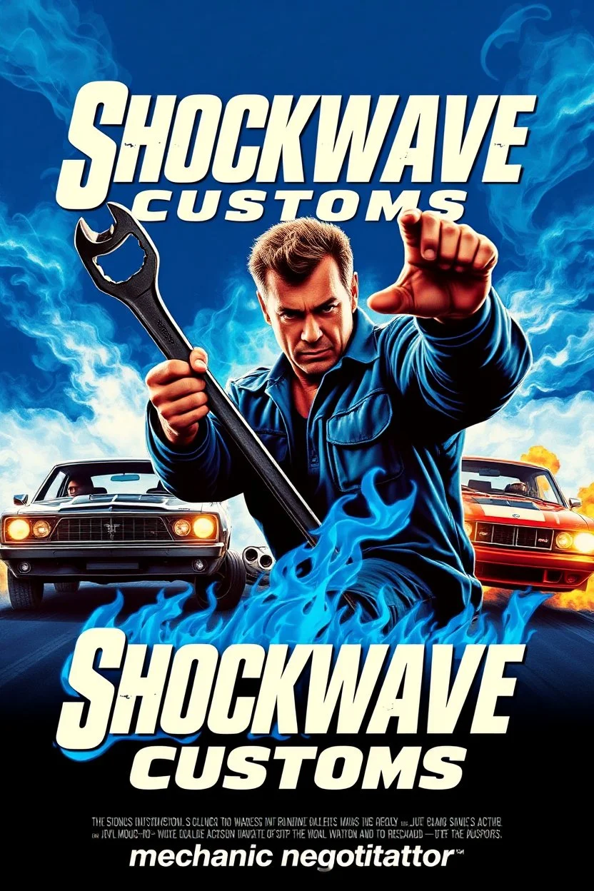 "Design a 90s-style action movie poster titled 'Shockwave Customs' with a blue theme and blue flames. Feature a super heroic mechanic in the foreground, fiercely battling thousands of adversaries with a spanner. In the background, show cars doing burnouts, creating a dynamic and intense scene. Capture the high-energy, gritty aesthetic of classic 90s action films. Prominently display the subtitle 'mmechanic negotiator' in bold, impactful lettering."