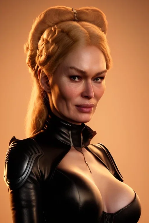 Cersei Lannister as evil dominatrix in black leather, busty, cleavage, curvy, lena headay, angry, stern look. character design by cory loftis, fenghua zhong, ryohei hase, ismail inceoglu and ruan jia. unreal engine 5, artistic lighting, highly detailed, photorealistic, fantasy