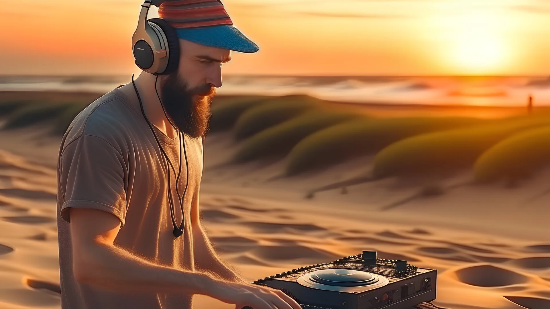 short beard man with cap, DJ play records ,at beach, dunes background, full body, sunset