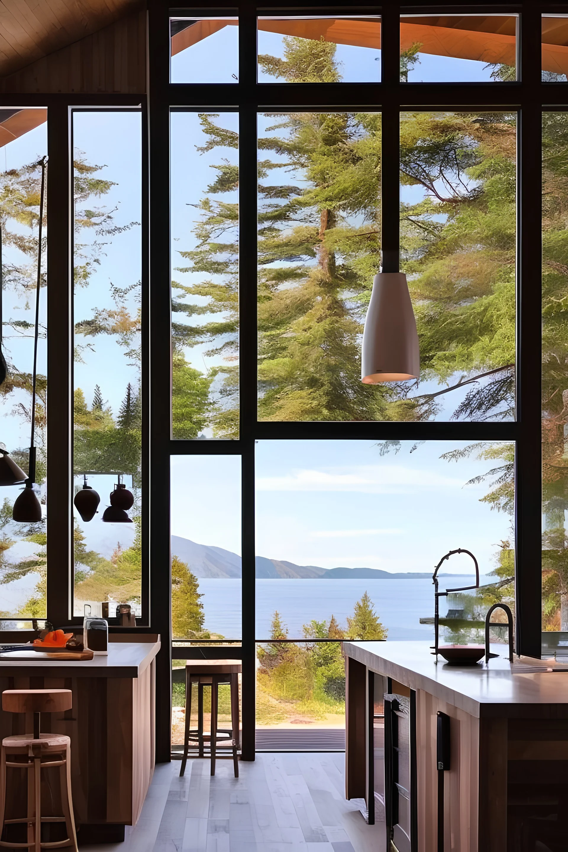 Intérieur cuisine avec bar dans Maison montagne design bois et béton devant baie en verre avec vue sur un lac Lumière soleil couchant