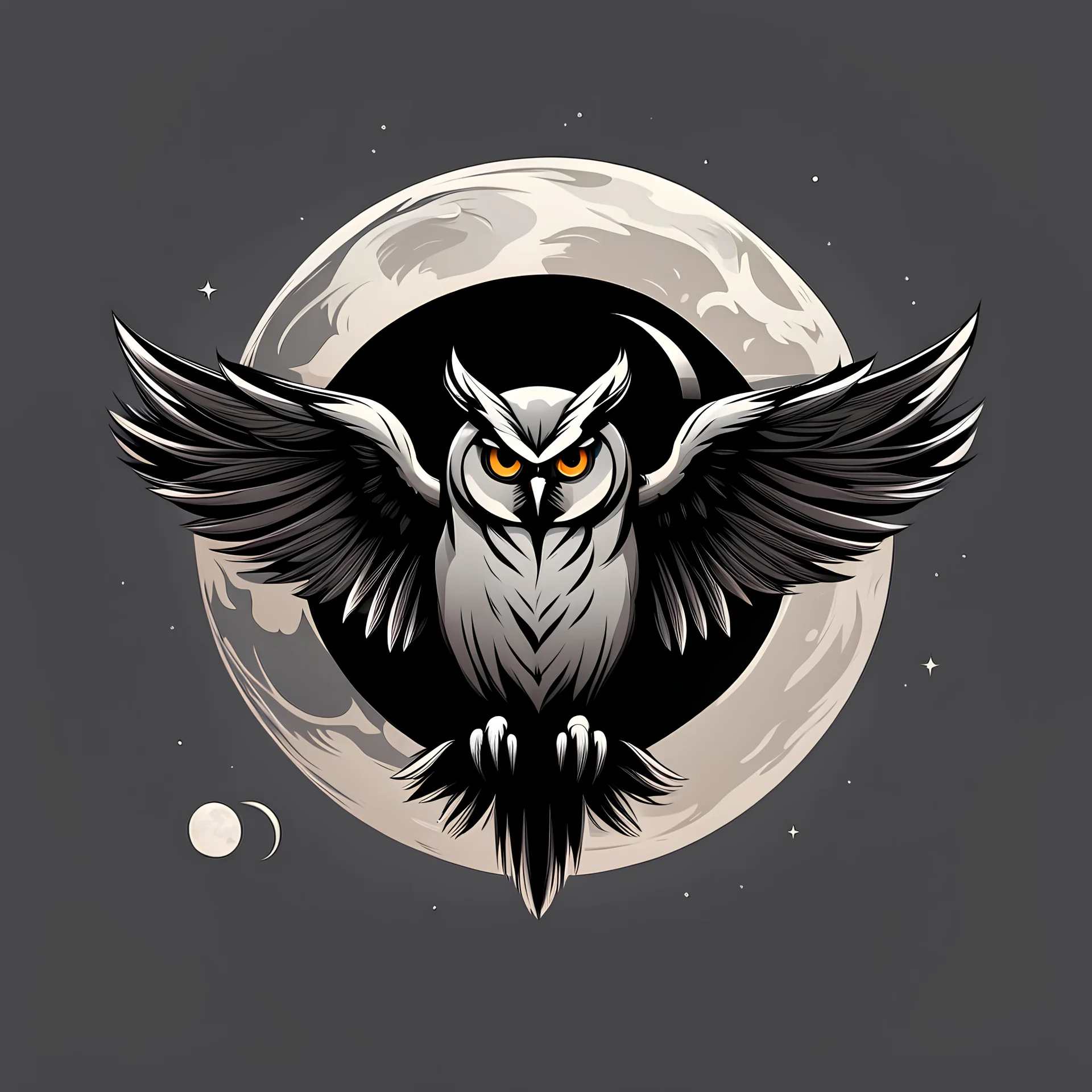 A brand logo with one owl flying with the moon behind. Minimalist and stylized