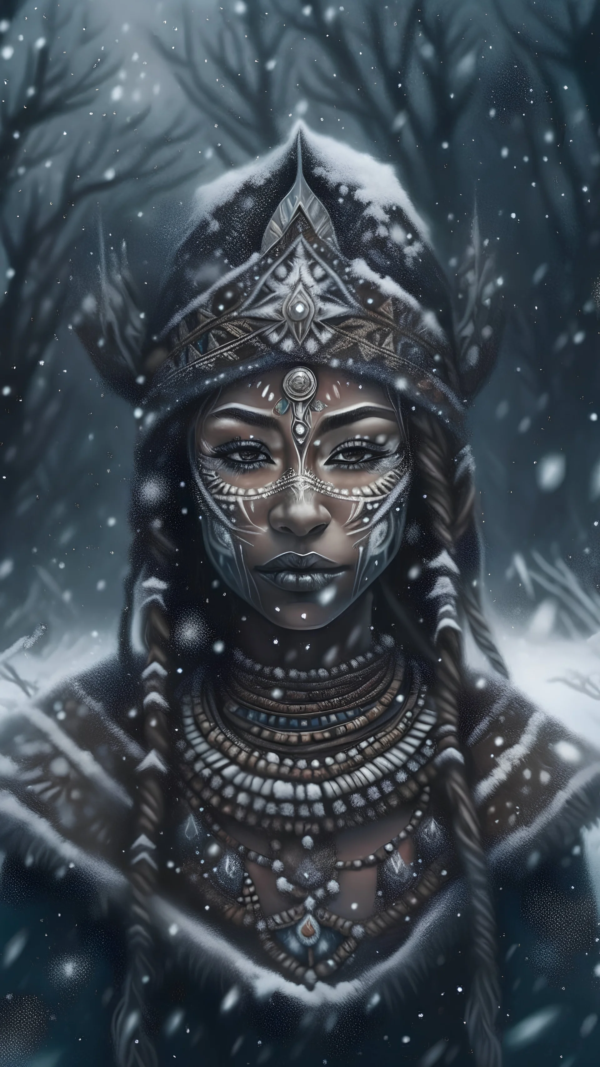 DamShelma's art capturing an awe-inspiring lady donning traditional African voodoo mask, encircled by a mystical snowfall in wintertime, snowy backdrop, voodoo mask intricate patterns, cold climate, heavy snowflakes drifting down, masked face mystery and enchantment, magic realism style, snowy landscape, winter chill, ethereal beauty, contrasting elements- tropical mask, frosty environment, enhanced detail, vivid colors, eerie allure, digitally rendered, aesthetics of intrigue