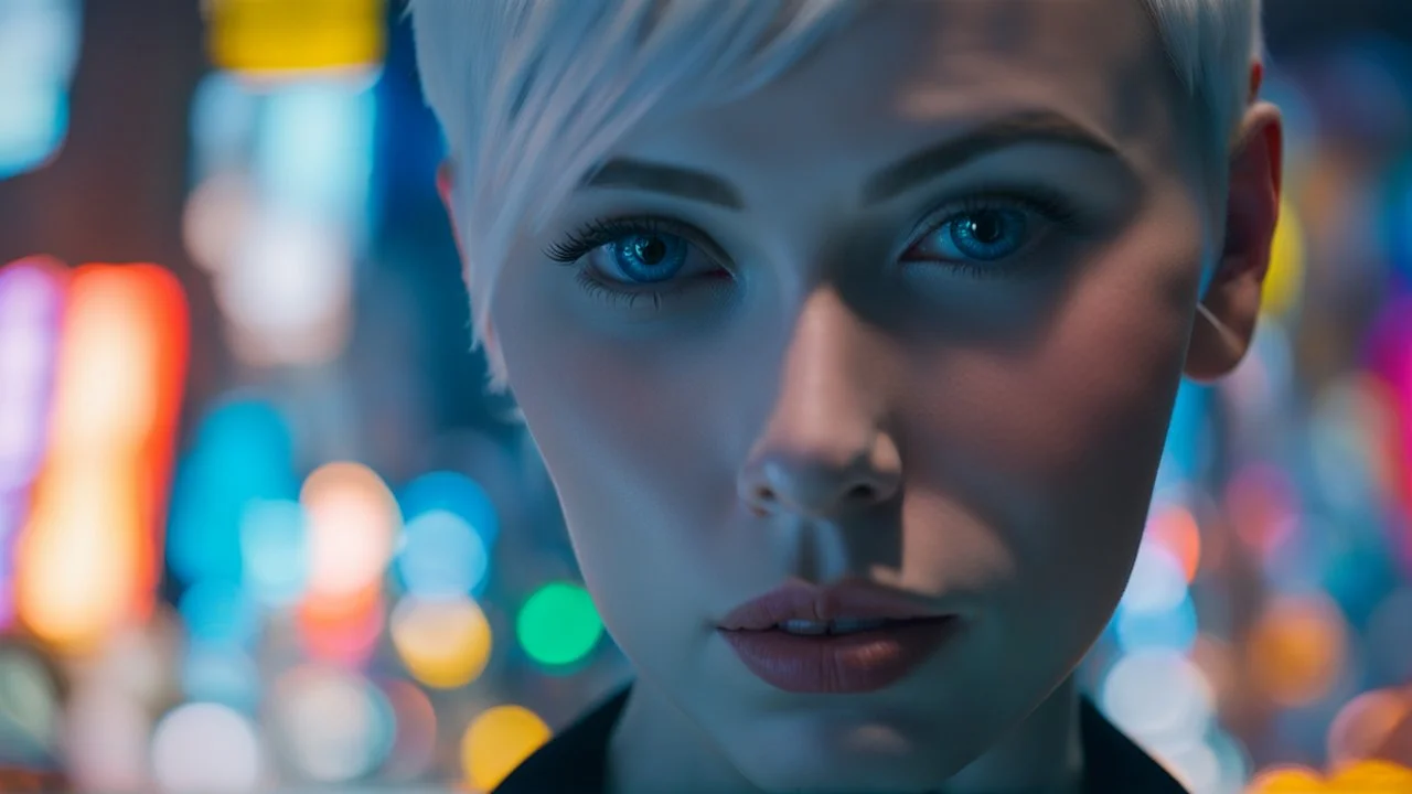 portrait of human android Anita, 25 years old female, short white hair, neat hairstyle tied back, white albino skin, shiny neon blue eyes, big eyes, very many freckles on her face, with a blue blure glowing tattoo on her neck: , nice, kind and friendly face, blur background with white-blue neon lights