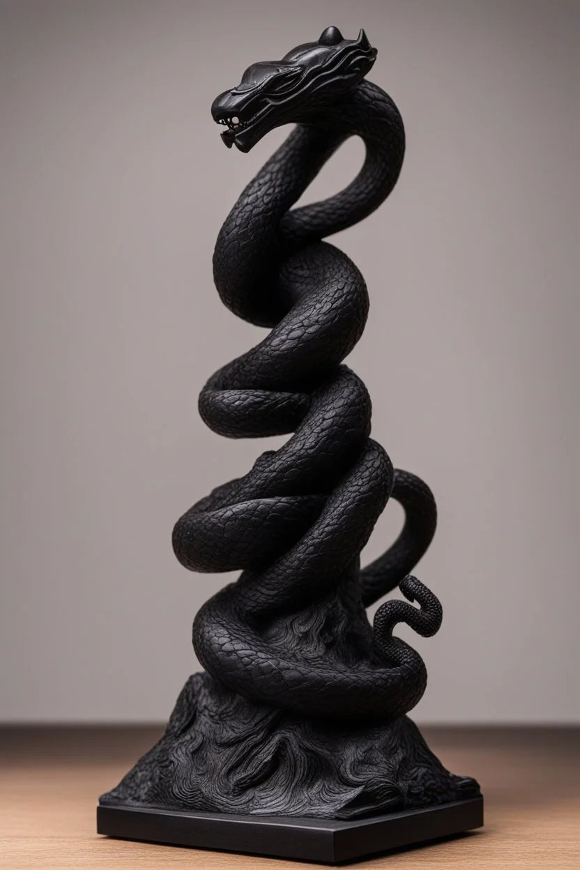 an ominous small statuette made of ebony in the form of a mountain with the snake slithering around the mountain