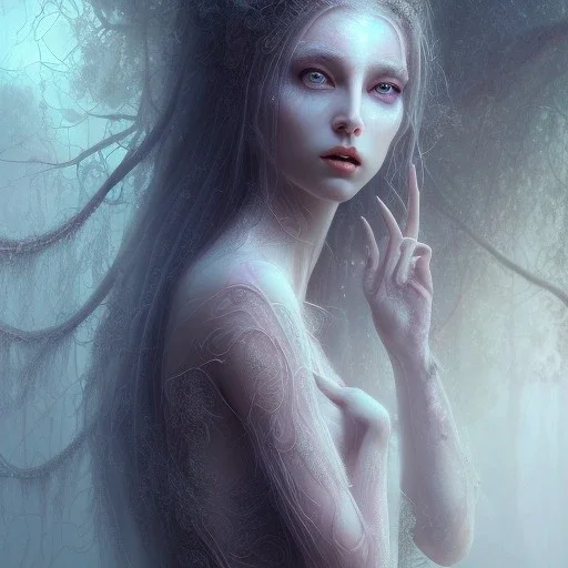 beautiful dead woman with spiderwebs on face, 8k, high-quality, fine-detail, intricate, sharp, crisp, digital art, detailed matte, illustration, octane render, brian froud, howard lyon, Anne Dittman, Anne Stokes, Lisa Parker, Selina French