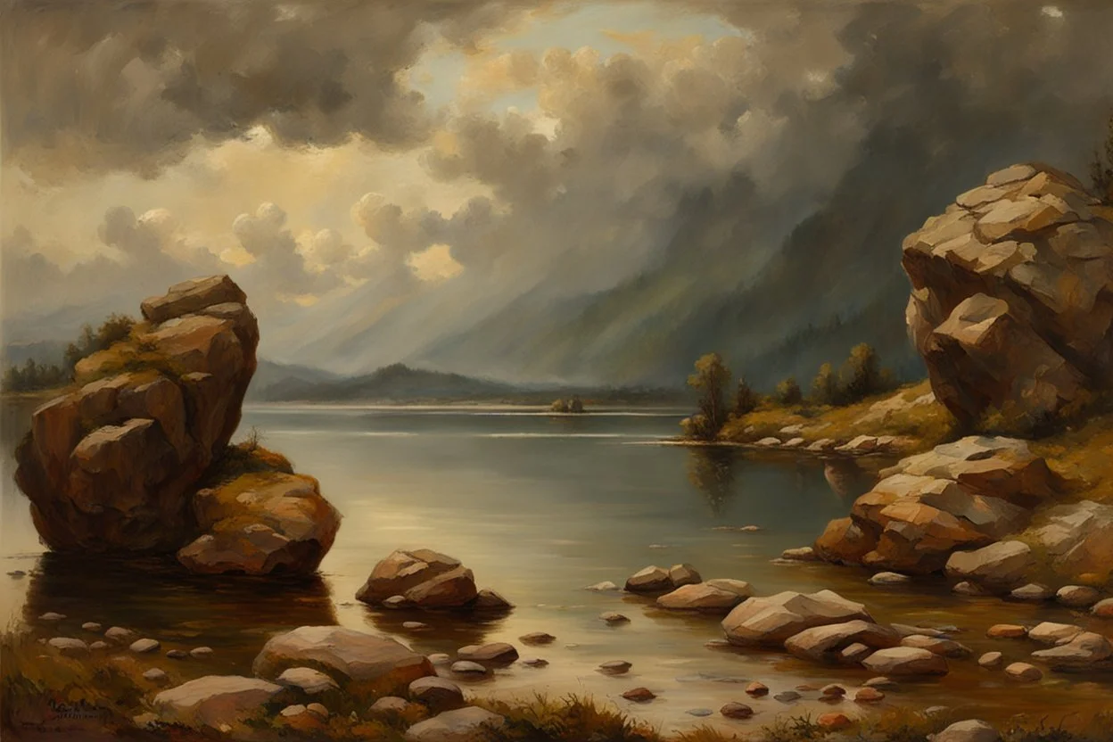 Cloudy day, lake, rocks, begginer's landscape, 2000's sci-fi movies influence, friedrich eckenfelder, and willem maris impressionism paintings