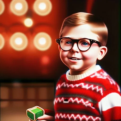 ralphie peter billingsley glasses, chubby boy in argyle sweater holding a bar of red soap