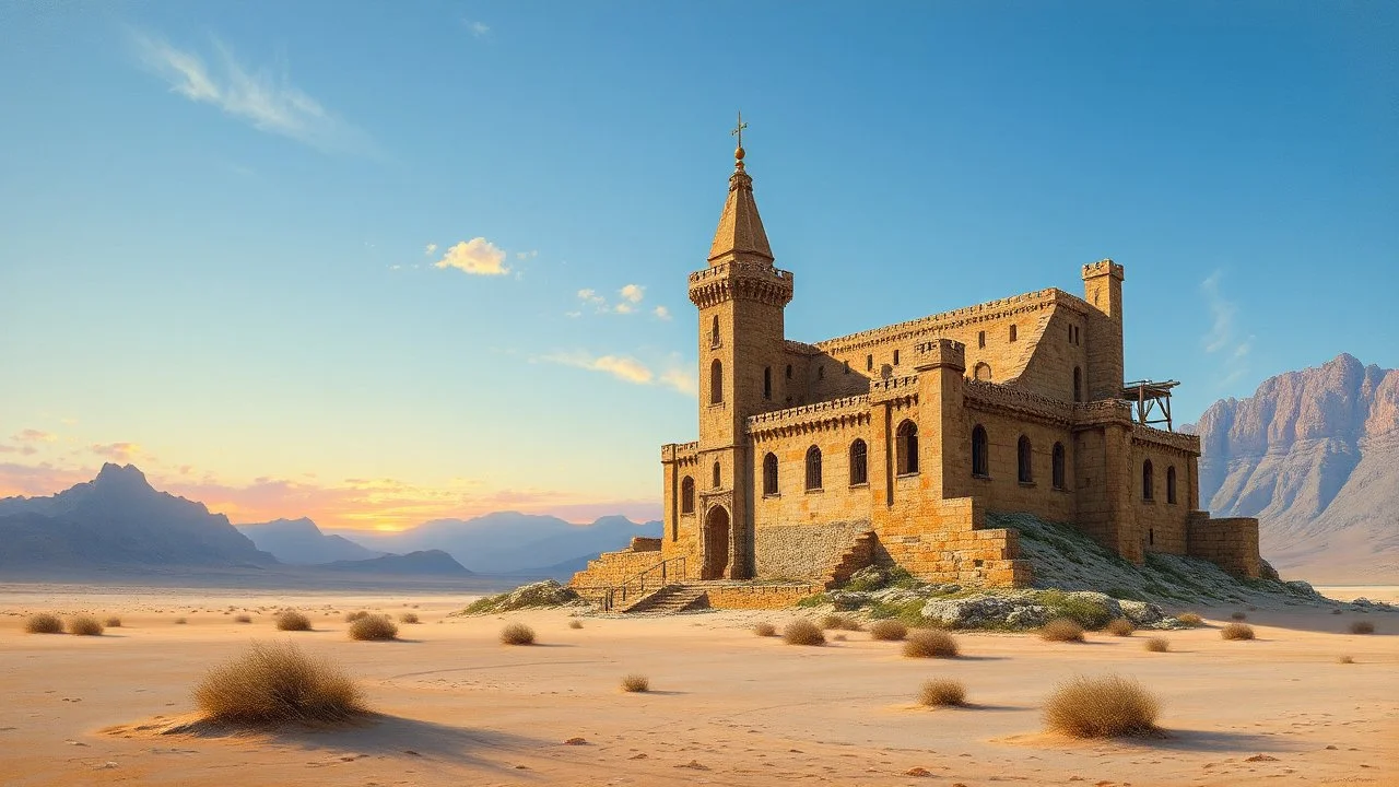 Highly detailed abandoned castle in the middle of a sandy desert, realistic painting, long shot, by Thomas Moran and Frederic Edwin Church, clear blue sky with hints of orange from the setting sun, intricate details of the castle's architecture and surrounding landscape.