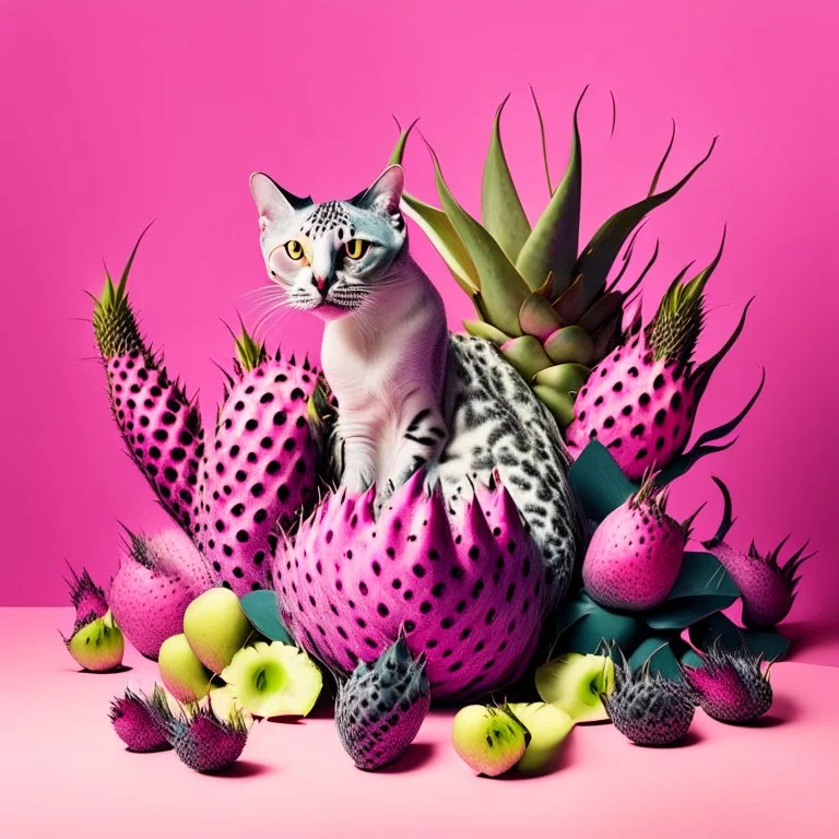 A cat surrounded by dragon fruits on a light background for removal