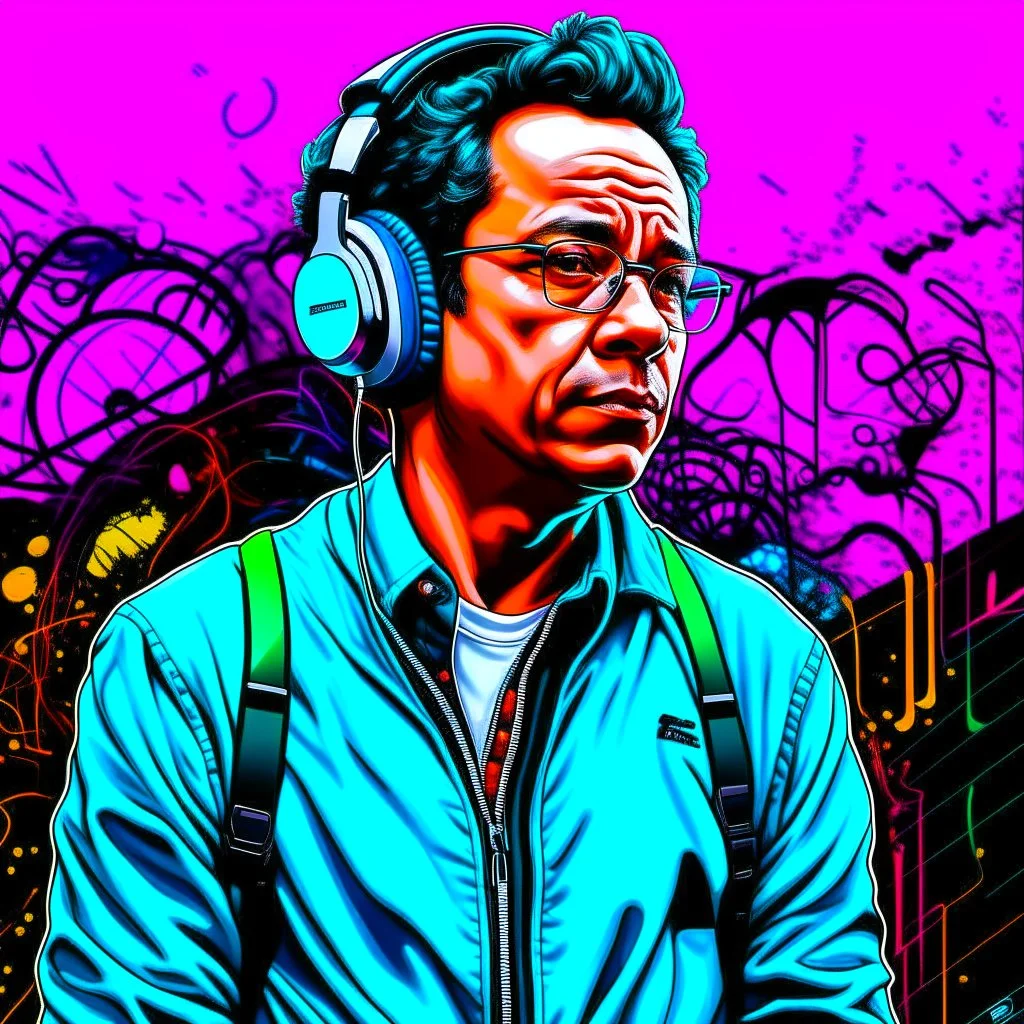 Illustrative sketch of Gustavo Petro in music with headphones, contrasting colors, full body, ultra quality, hyper detailed, graffiti, concept art, maximalism, 8k