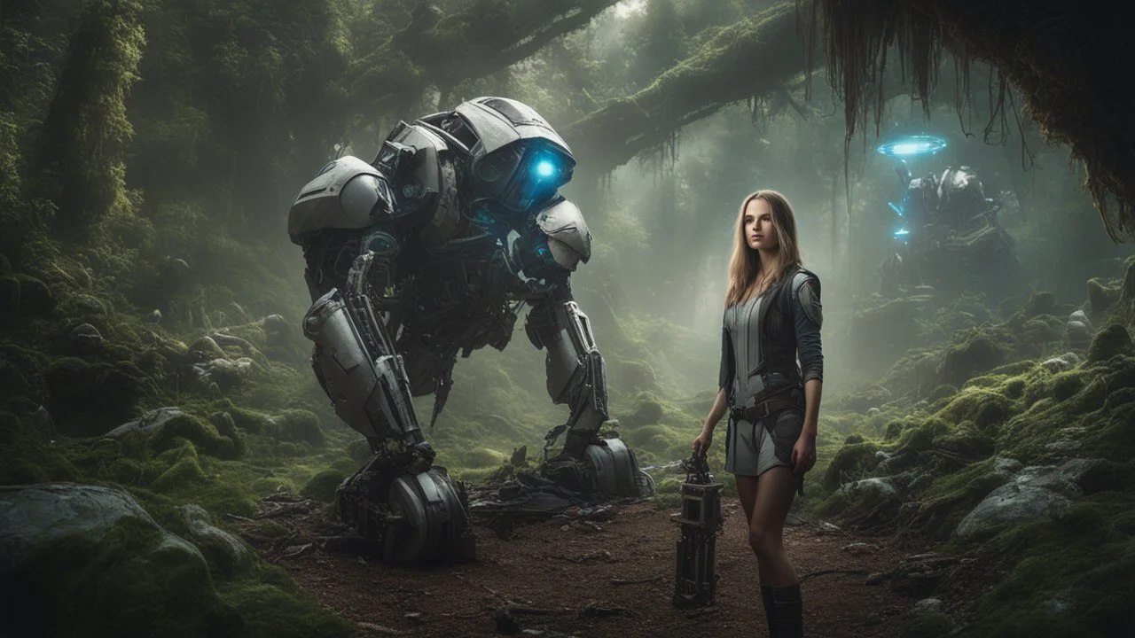 Wide-angle, woman with straight hair, dressed like a robot, with equipment in her hands, next to a crashed spaceship, in a clearing on an alien jungle world