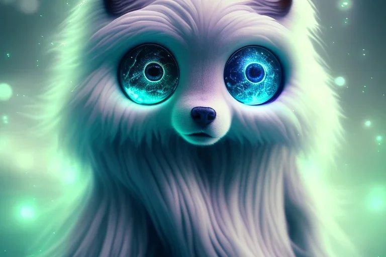 cutest AND softest creature in the world| large doll like eyes| supernatural and otherworldly| highly detailed vibrant fur| magical glowing trails| light dust| aesthetic| cinematic lighting| bokeh effect| mdjrny-v4 style