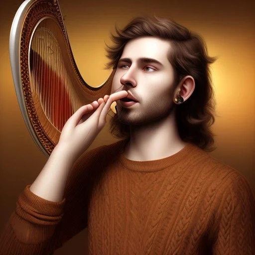 man playing harp, brown hair, sweater, music